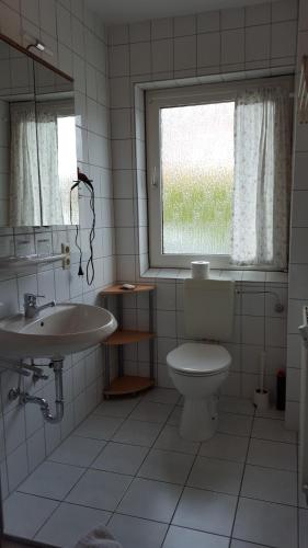a bathroom with a toilet and a sink and a window at Wohnung 1 mit überdachte Terrasse zum Garten Nähe Strand und Hafen Bensersiel in Bensersiel