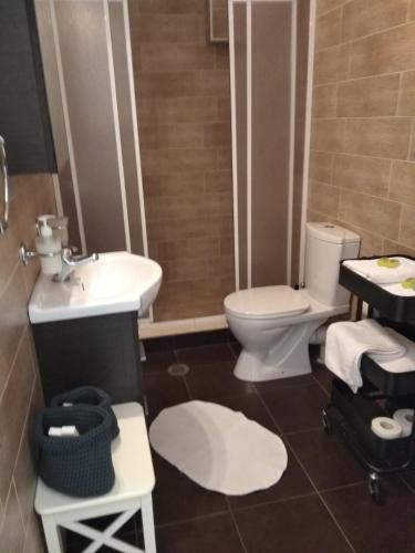 a bathroom with a toilet and a sink at Arcadian Apartments & Studios in Xiropigado