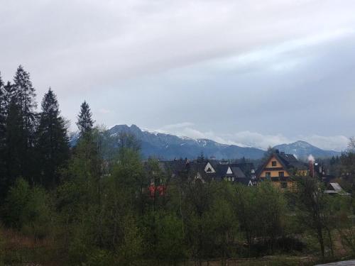 a group of houses and trees with mountains in the background at Willa Pawlikowskich in Poronin