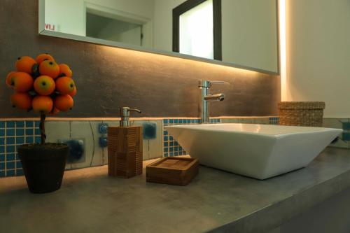 a bathroom with a white sink and a mirror at Terralagum in Villa Parque Siquiman