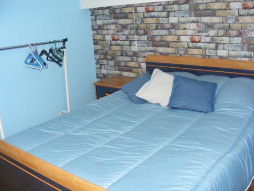 タネンキルヒにあるGîte MARTINSの青い枕とレンガの壁が備わる客室です。