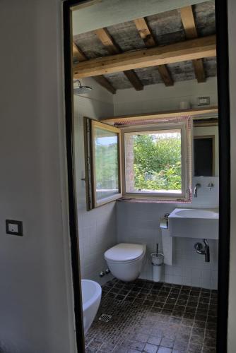 a bathroom with a toilet and a sink and a window at Casali Marchigiani - Ville vacanza private con piscina in Ostra