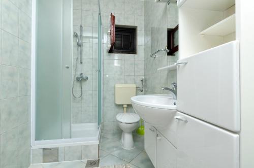 a bathroom with a shower and a toilet and a sink at Apartments Mime in Pirovac