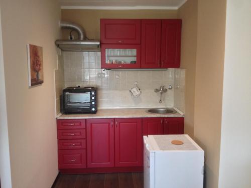 a small kitchen with red cabinets and a microwave at Markoni in Pančevo