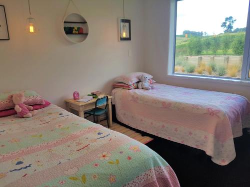 a bedroom with two beds and a window at House In The Heights in Taupo