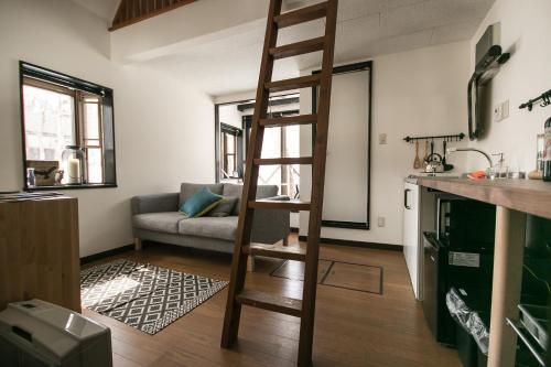 a ladder in a living room with a couch at Hotel Villa Hakuba by HHG in Hakuba