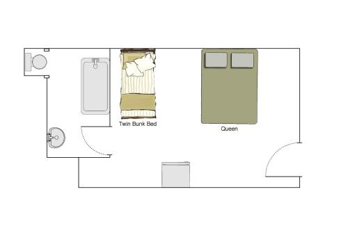 a floor plan of a room with a bed at Lone Fir Resort in Cougar