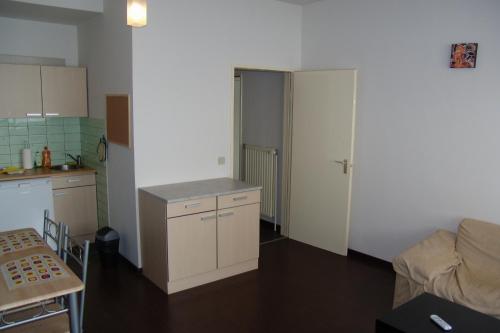 a room with a kitchen and a living room at Budget Flats Antwerp in Antwerp