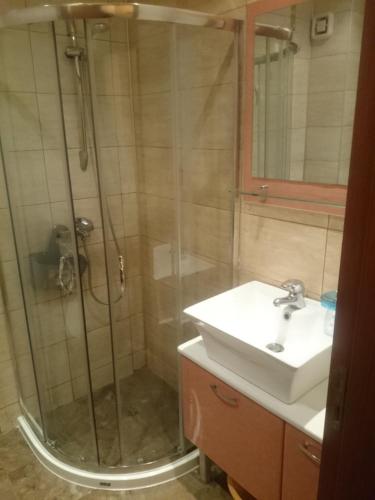 a bathroom with a shower and a sink at Krassy summer apartment in Golden Sands