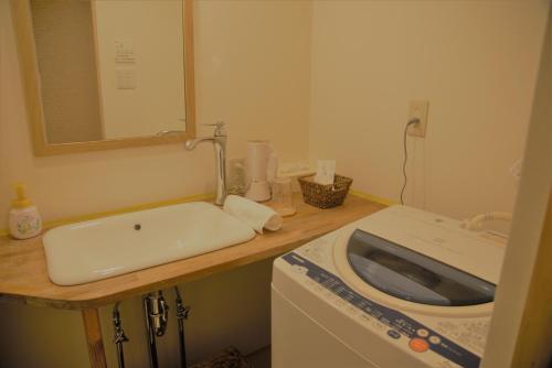 a bathroom with a sink and a washing machine at Mountain Home Lodge in Deer Park in Nara