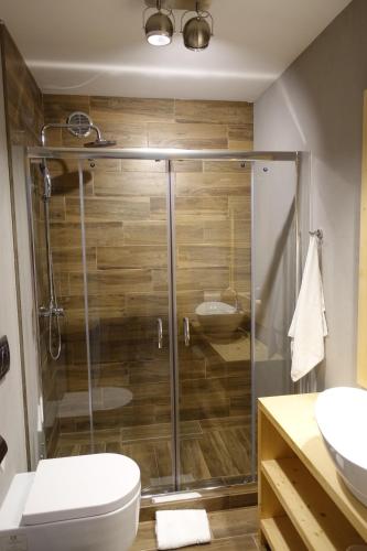 a bathroom with a shower with a toilet and a sink at Willa Zaolzie in Istebna