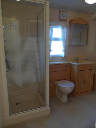 トゥルーロにあるLuxury Mobile Home near Perranporth situated on a quiet farmのバスルーム(シャワー、トイレ、シンク付)