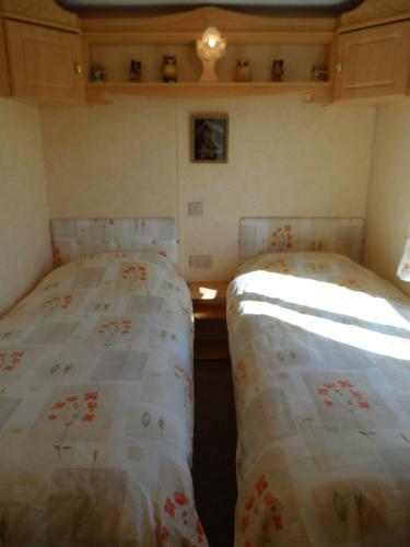 トゥルーロにあるLuxury Mobile Home near Perranporth situated on a quiet farmのツインベッド2台が備わる客室です。