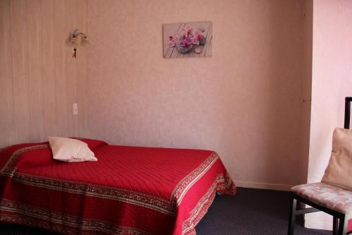 a bedroom with a red bed and a chair at Hôtel Restaurant le Panorama in Évian-les-Bains