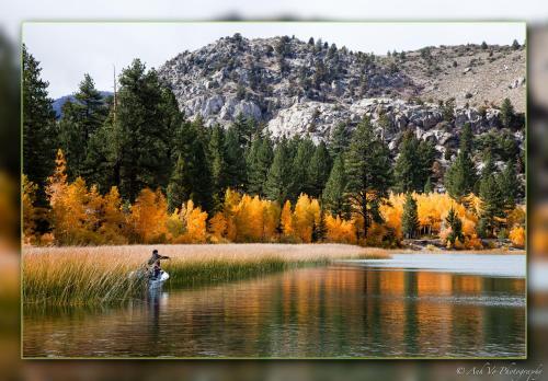 a person is standing on a paddle board in a lake at Lake Front Cabins in June Lake