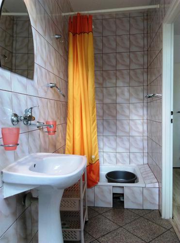 a bathroom with a sink and a shower with a toilet at Cichy Zakątek in Sianozety