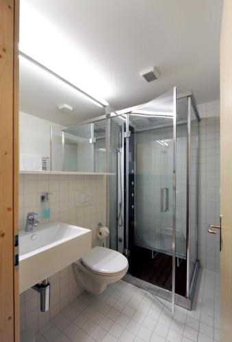 a bathroom with a shower and a toilet and a sink at Hotel Sternen in Lenk