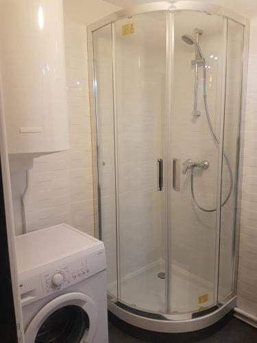 a shower in a bathroom with a washing machine at Studio 87 Avenue de Paris in Villejuif