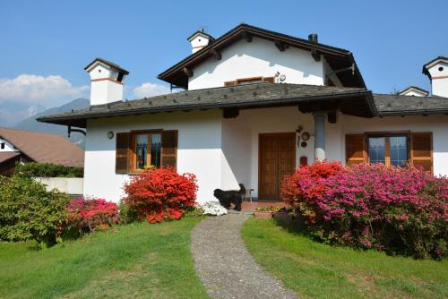 a white house with a dog standing outside of it at Villa Palma in Colico