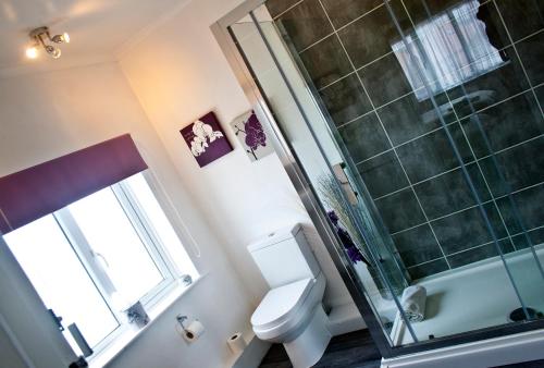 ein Bad mit einem WC und einer Dusche in der Unterkunft The Saxby Hotel in Skegness