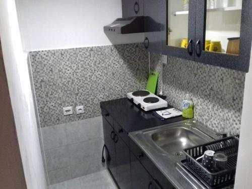 een kleine keuken met een spoelbak en een spiegel bij Apartman Java in Soko Banja