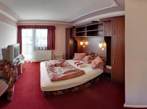 1 dormitorio con 1 cama grande y TV en Hegyi Villa, en Hévíz