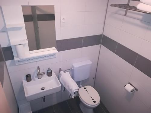 a small bathroom with a toilet and a sink at Top Line Apartments in Piran