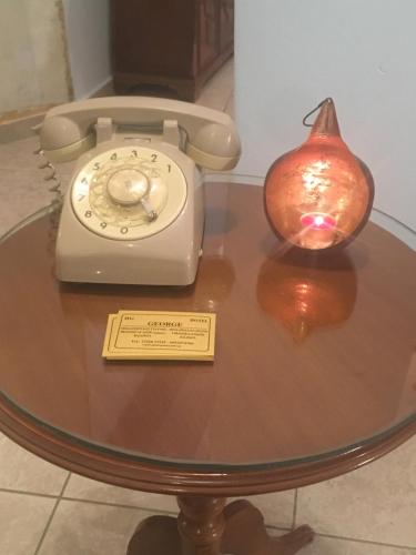 a table with a telephone and a potted pear on it at Hotel George in Kalamata