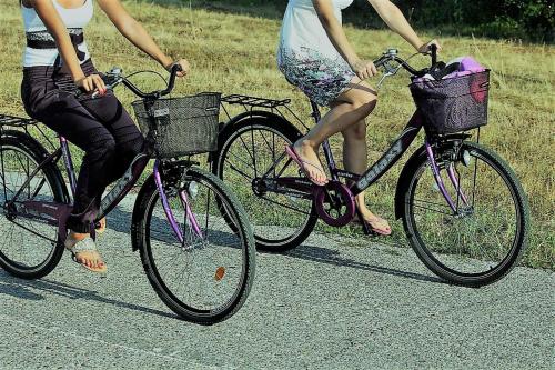 two women riding their bikes down a road at TravelBreak in Podgorica