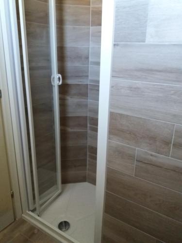 a shower with a glass door in a bathroom at Hotel Barbiani in Riccione