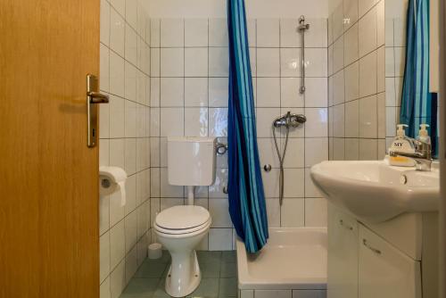 La salle de bains est pourvue de toilettes, d'un lavabo et d'une douche. dans l'établissement Apartment Monica, à Ližnjan