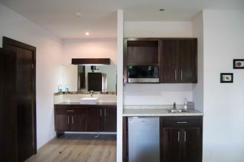 a kitchen with brown cabinets and a white sink at Hotel Onix Suites in Delicias