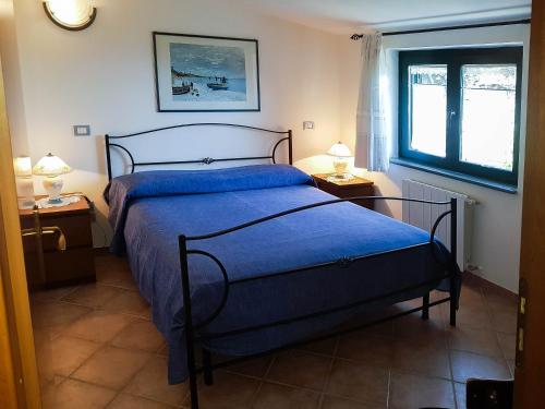 ポリカストロ・ブッセンティーノにあるCasa Alberico - Golfo di Policastroのベッドルーム1室(青い掛け布団、窓付)