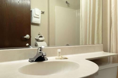a bathroom with a sink and a mirror at Microtel Inn & Suites by Wyndham Bloomington MSP Airport in Bloomington