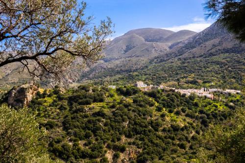 a view of a valley with mountains in the background at Private studio in historic house in Lástros