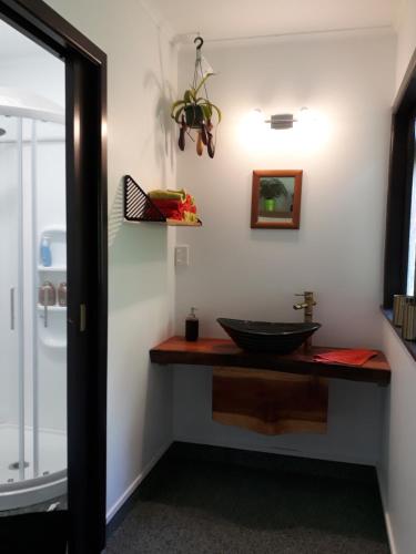 a bathroom with a bowl sink on a counter at Quirky Woods - Glamping Cabins at Maketu in Maketu