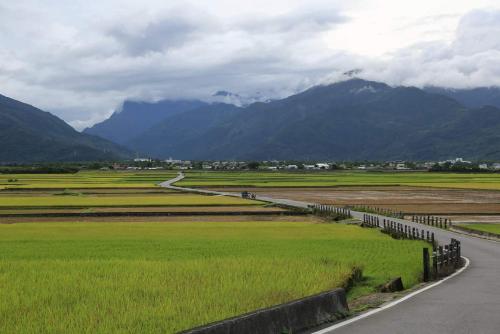 a road through a field with mountains in the background at Miyama Bed and Breakfasts in Chishang