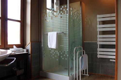 a bathroom with a glass shower with a sink at Maison Poche in Caupenne-dʼArmagnac