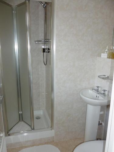 a bathroom with a shower and a toilet and a sink at Capri Guest House in Torquay