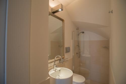 ein Bad mit einem Waschbecken, einer Dusche und einem WC in der Unterkunft Villa Theile in Positano