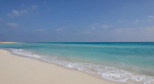 a beach with the ocean and the blue water at Lazorde Beachfront Experience in El Alamein