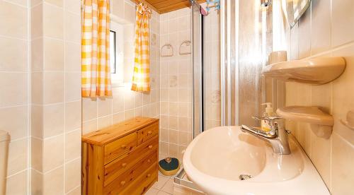 ein kleines Bad mit einem Waschbecken und einer Dusche in der Unterkunft Ferienwohnung Liliensteinblick in Königstein an der Elbe