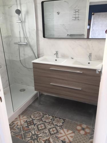 a bathroom with a sink and a shower with a mirror at Le Galion Hotel et Restaurant Canet Plage - Logis in Canet-en-Roussillon
