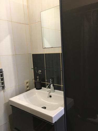 a bathroom with a white sink and a mirror at Le gîte du faubourg in Sautour