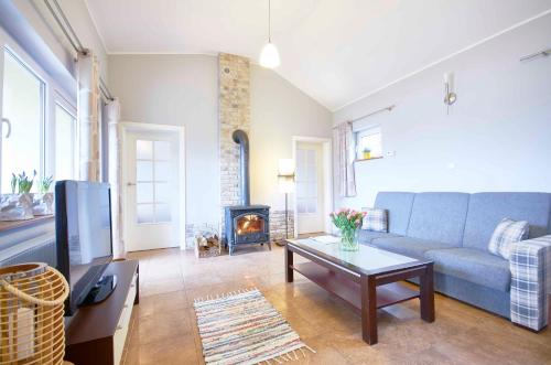 a living room with a blue couch and a fireplace at Arenda Apartamenty&Domki całoroczne in Sieraków