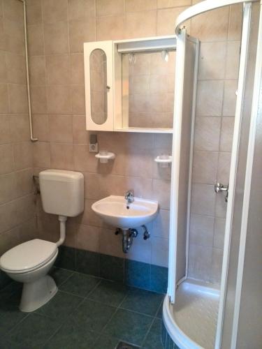 a bathroom with a toilet and a sink and a shower at Kampor Apartments in Kampor