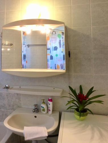 a bathroom with a sink and a mirror at Julius Vendégház in Sopron