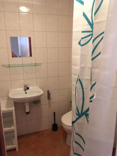 a bathroom with a sink and a toilet at Orle Gniazdo domki in Stegna