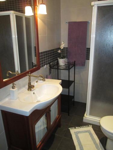 a bathroom with a sink and a shower at Cuencaloft el patio de Pipo in Cuenca