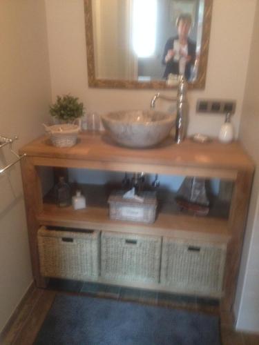 a bathroom vanity with a sink and a mirror at BB-hof ter boone in Kapelhoek